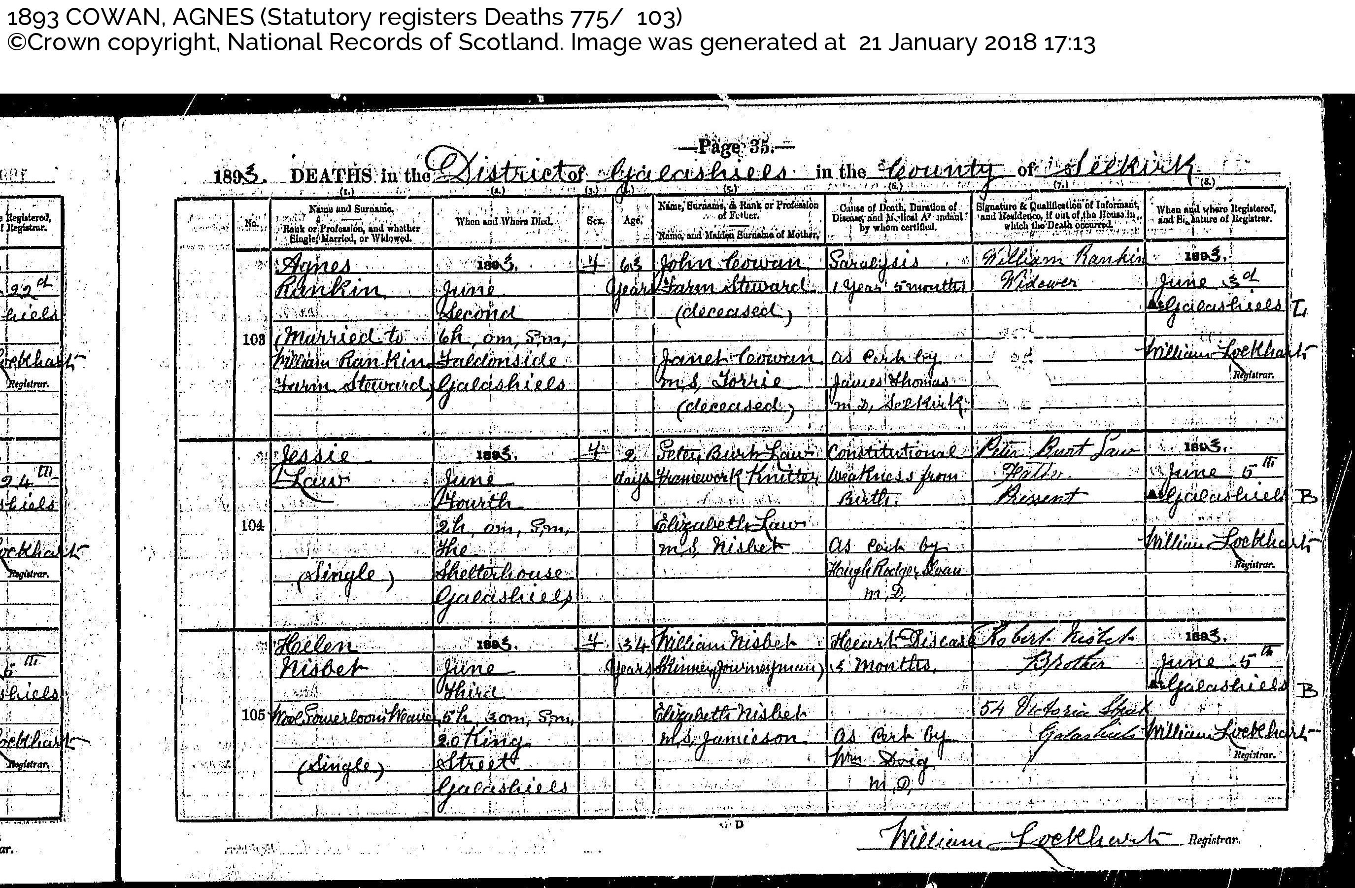 AgnesCowan(Rankin)_D1893 Galashiels, June 2, 1893, Linked To: <a href='profiles/i1596.html' >William Rankin</a> and <a href='profiles/i1590.html' >Agnes Cowan 🧬</a>